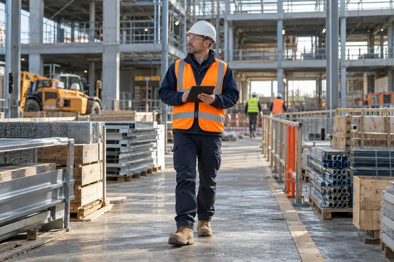 Illustrative construction supervisor inspecting a commercial jobsite