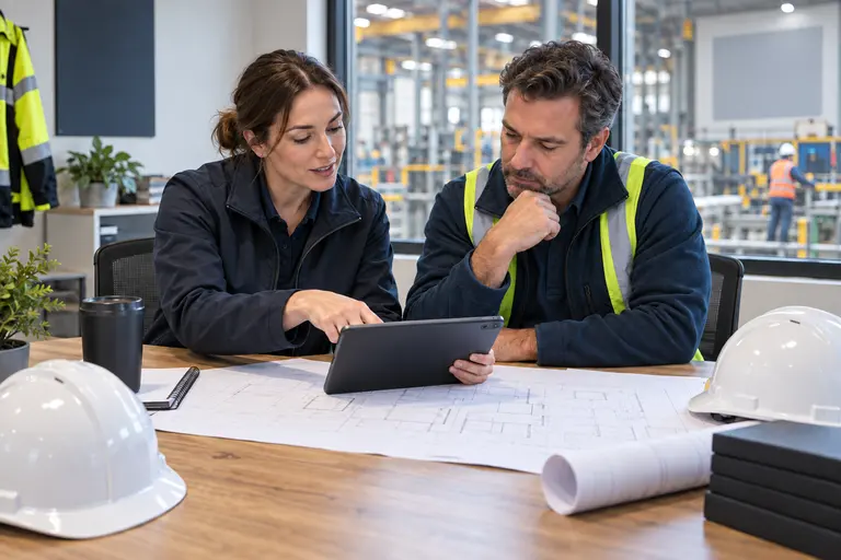 Illustrative safety consultant and client reviewing plans together