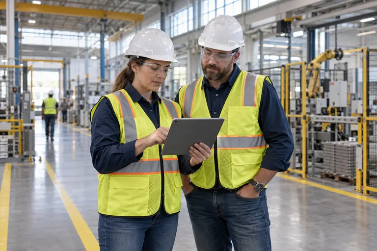 Illustrative workplace safety leads reviewing a tablet in an industrial facility