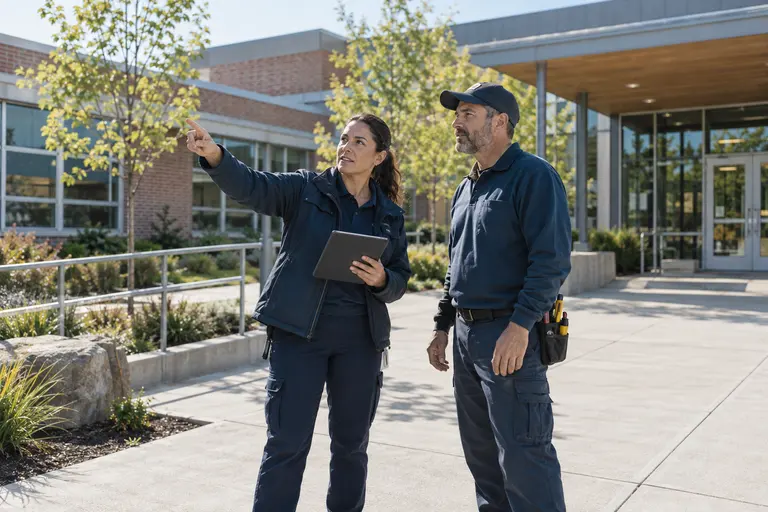 Illustrative school facilities team inspecting a campus