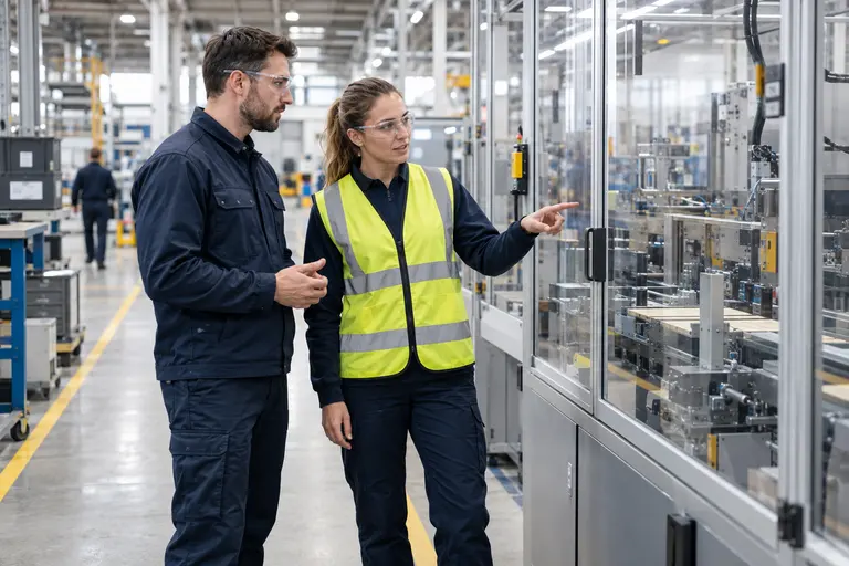 Illustrative technician and safety lead reviewing guarded manufacturing equipment
