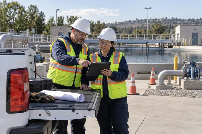 Illustrative municipal utilities crew planning work beside a service vehicle